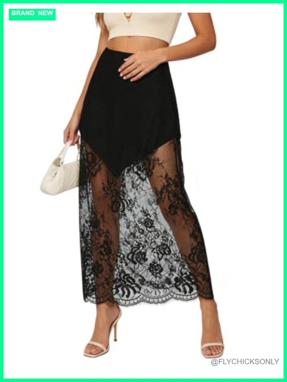 High Waisted Lace Panel Maxi Skirt Elastic Waist Work Skirt